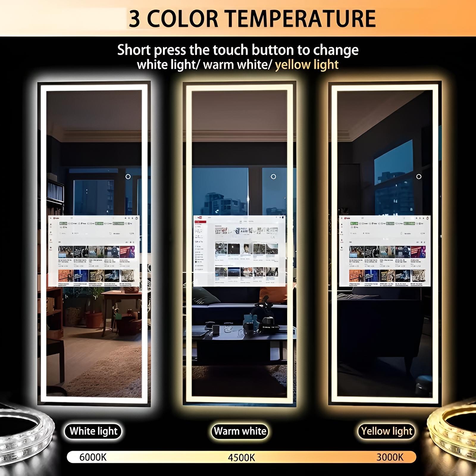 Vertical Smart Mirror Touch Screen Bathroom Vanity Waterproof Tempered Glass Rectangle Mirror with Apps LED Lighting Makeup