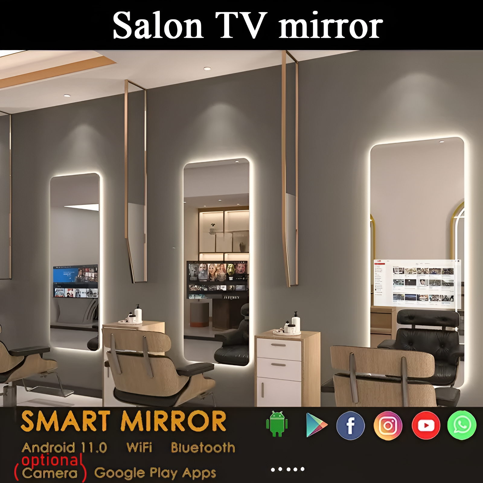 Vertical Smart Mirror Touch Screen Bathroom Vanity Waterproof Tempered Glass Rectangle Mirror with Apps LED Lighting Makeup